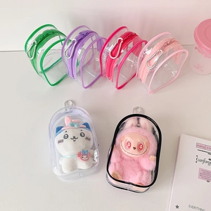 Clear PVC 10cm doll storage pouch in various candy colors with metal carabiner clip