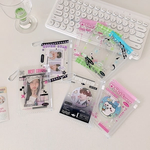Close-up of colorful PVC photocard sleeves with scalloped edges and beaded chains