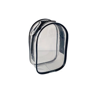 Transparent PVC doll storage bag with black trim and metal carabiner for display