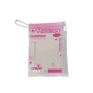 Pink transparent PVC mini storage pouch with candy edge design and silver bead chain