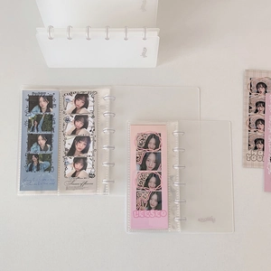 Detail of transparent frosted loose-leaf photo album with mushroom rings and kpop inserts