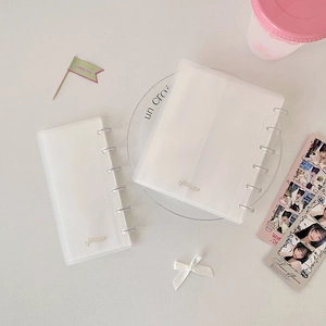 Detail of translucent frosted disc-bound photocard binder for collectors and students