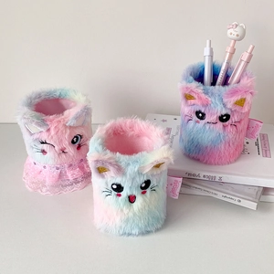 Rainbow gradient plush cat pencil holder with cute embroidery for desk organization