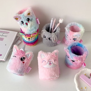 Cute Animal Plush Pen Holder Desktop Stationery Storage Box Cartoon Desktop Organizer For School Students Girls Gift