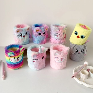 Cute animal plush pen holders for desk featuring cats and unicorns in soft macaron colors