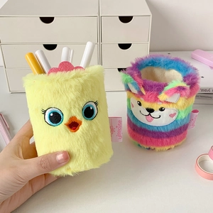 Detailed plush texture of colorful animal-shaped pencil holders for desk stationery storage