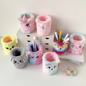 Cute plush animal pen holders in unicorn and cat shapes for desk stationery storage