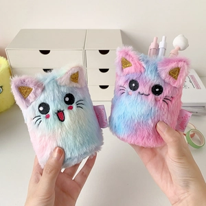 Cute rainbow plush cat pencil holder set with fuzzy texture and glitter ears for desk storage