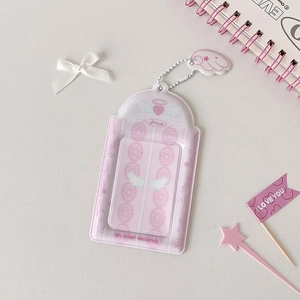 Detail of pink angel wings PVC card holder with bead chain and cloud charm ornament