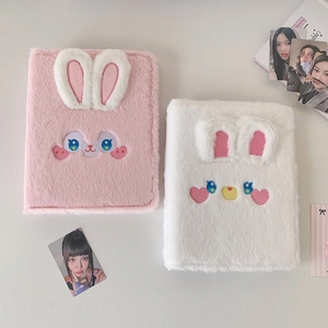 Pink and white plush A5 binder with 3-inch photo slots and 3D bunny ears design