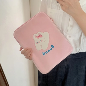 Pink plush 11 inch tablet sleeve with cute bunny embroidery and blue lettering