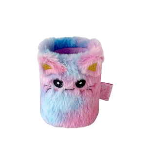 Cute cat-shaped plush pen holder with pink and blue gradient fur for desk storage