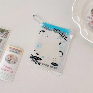 Detail showing transparent blue PVC card pouch with zipper and white metal bead chain