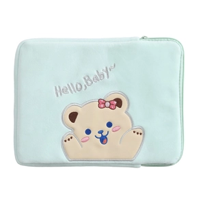 Cute light green plush tablet sleeve with cartoon bear embroidery and Hello Baby text