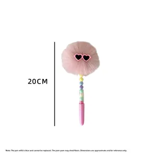 Detail view of pink pom pom pen showing 20CM length and beaded barrel design