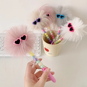 Creative plush ball ballpoint pens with heart glasses and colorful bead filling