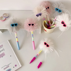 Creative plush ball gel pens with heart sunglasses and macaron beads inside the pen body