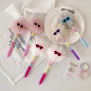 Creative plush ball gel pens with heart sunglasses decoration and macaron beads
