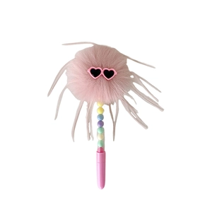 Creative pink plush pom pom ball pen with heart-shaped glasses and colorful macaron beads