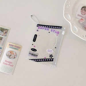 Clear PVC storage pouch with purple stars and white bead chain for photo cards