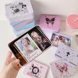 Detail of printed tin box set featuring K-pop themes and decorative stationery items