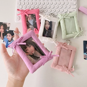 Cute bow fabric photocard holder with metal ring for student bags in various pastel colors