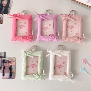 Plush 3-inch photocard holder set with bows and metal rings in five pastel colors