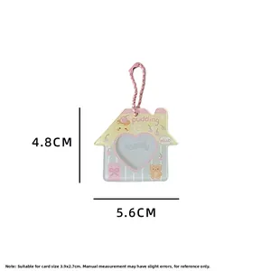 Cartoon house-shaped keychain frame with pink bead chain and heart-shaped photo window