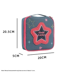 Blue denim toiletry bag detail with pink star embroidery and 20.5x20x5cm dimensions