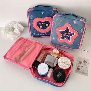 Denim Cosmetic Bag Large Capacity Travel Toiletry Organizer Handheld Square Makeup Pouch Heart Star Embroidery For Women Girls