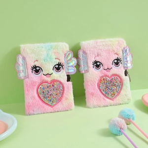 Detail of plush A5 notebook featuring colorful faux fur, embroidered eyes and laser wings