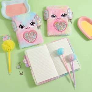 Rainbow plush A5 notebook set with big eyes embroidery, pompom pens and mini metal locks