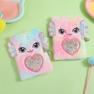 Detail of A5 plush notebook with glitter heart sand window and secure metal lock