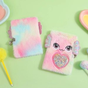 Detail of A5 plush notebook featuring heart embroidery, sequins, and metal security lock