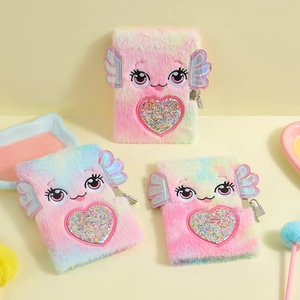 Macro detail of A5 plush notebook featuring heart sequin pocket and metal lock with key