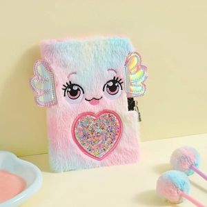 Rainbow plush A5 notebook with cartoon eyes, heart sequins, metal lock and two pom-pom pens