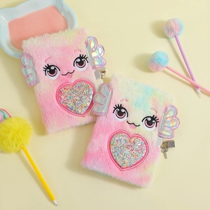 Detail of plush A5 notebook with cute big eyes embroidery and heart sequin patch
