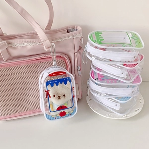 Clear PVC doll display bag with strawberry pattern and metal carabiner clip