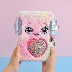 Detail of A5 plush notebook featuring heart sequin pocket and metallic padlock security