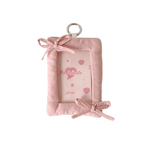 Pink fabric photo card holder with bows and hanging ring for student school ID cards