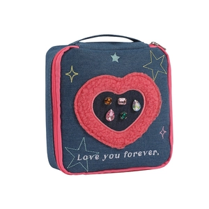 Denim makeup bag with pink plush heart, glitter rhinestones and star embroidery