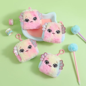 Cute plush cartoon coin purse with large eyes and gradient colorful faux fur details