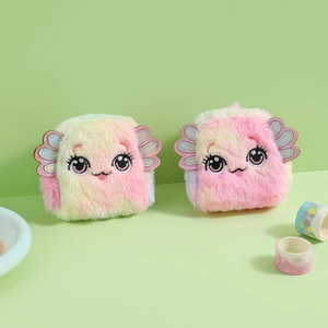 Close-up of cute plush axolotl coin pouches with big eyes and fluffy pastel gradient fur