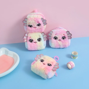 Close-up of fuzzy rainbow monster coin purse with large eyes and pink plastic hook