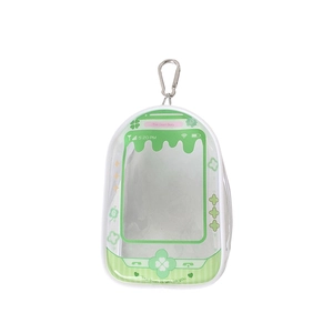 Clear PVC doll display bag with green accents and strawberry UI pattern for girls