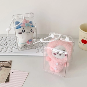 Cute plush doll keychains in clear milk box display cases with portable silicone straps