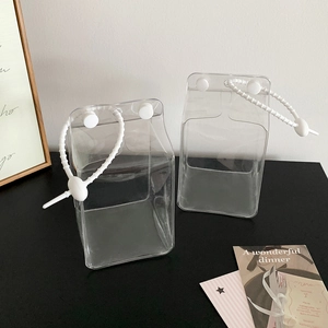 Detail of milk box PVC bag with white beaded handle and screw cap for plush dolls