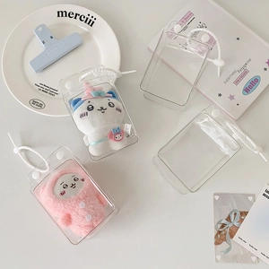 Clear PVC milk box plush doll display case with white spiral keychain and snap closure
