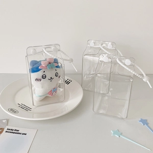 Clear milk carton plush doll display bag with adjustable drawstring for doll accessories