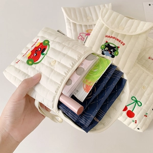 Quilted cream mini organizer bag with cartoon embroidery for pads and cosmetics